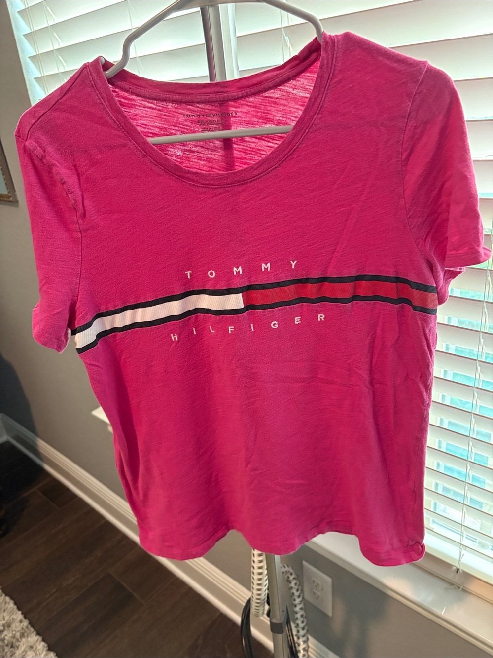 Tommy Hilfiger Hot Pink Crewneck Tee with Signature Stripe